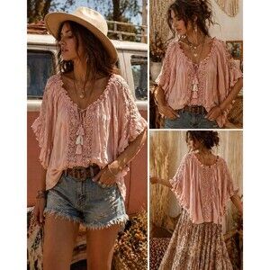 EUC Surf Gypsy Boho Peasant Top Coastal Cowgirl Crochet Festival Blouse Tassles